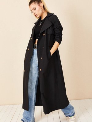 Siyah Şal Yaka Düğmeli Trençkot Siyah Şal Yaka Düğmeli Trençkot