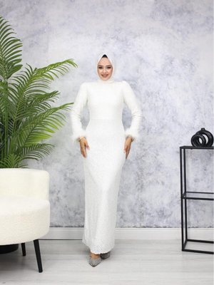 Beyaz Pul Payet Abiye Elbise Beyaz Pul Payet Abiye Elbise