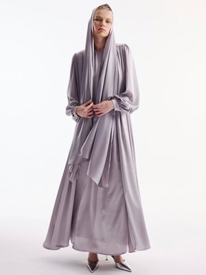 Gri Saten Abaya Elbise Takım & Şal Gri Saten Abaya Elbise Takım & Şal