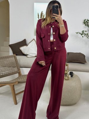 Bordo Kadife Bol Paça Pantolon