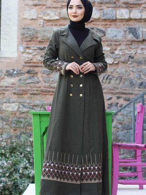 Haki Nakış Detaylı Kaşe Kaban