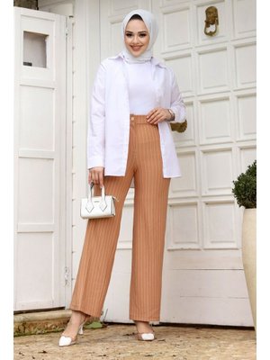 Taba Bol Paça Çizgili Pantolon Taba Bol Paça Çizgili Pantolon