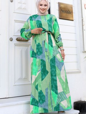 Geometrik Desenli Beli Kuşaklı Viskon Elbise Yeşil