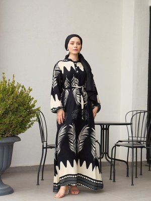 Bel Bağlamalı Yaka Düğmeli Viskon Elbise Siyah