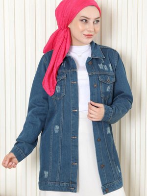 Petrol Düğmeli Kot Ceket