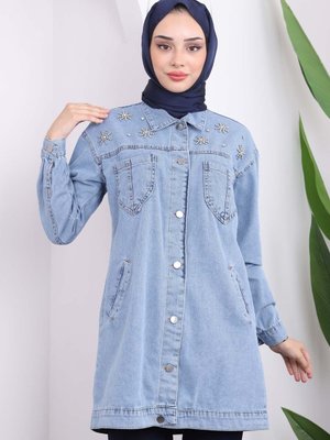 Mavi Cepli Taş Detaylı Kot Ceket