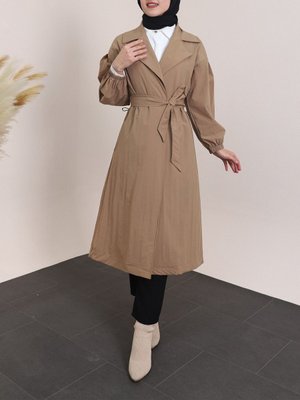 Kolu Lastikli Kemerli Astarlı Trençkot