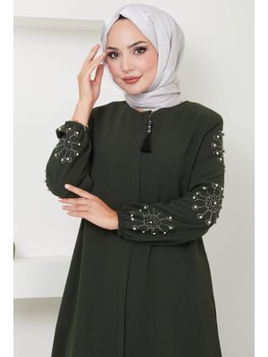 Haki Kolu Taşlı Ve İncili Ferace Haki Kolu Taşlı Ve İncili Ferace