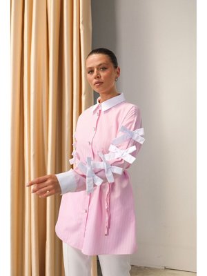 Pembe Kolu Fiyonk Detaylı Çizgili Gömlek