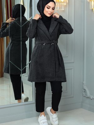 Antrasit Düğmeli Kaşe Kaban