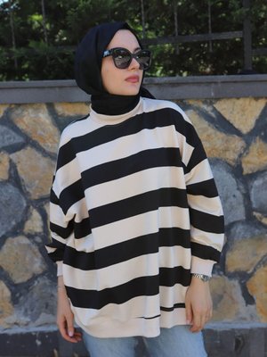 Ekru Çizgili Örme Tesettür Sweatshirt