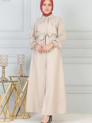 Bej Taş Detaylı Fermuarlı Ferace