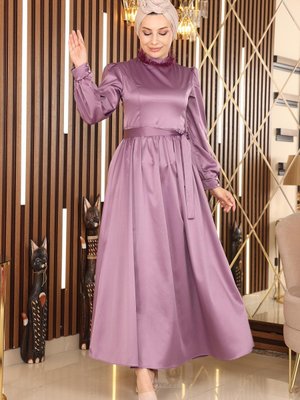 Lila Tüy Detaylı Saten Abiye Elbise