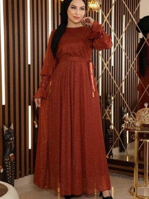 Kiremit Taş Detaylı Simli Şifon Abiye Elbise