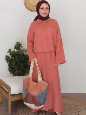 Kiremit Müslin Crop Gömlek Etek Takım