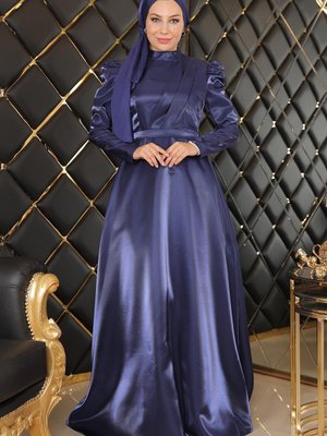 İndigo Göğsü Drapeli Abiye Elbise