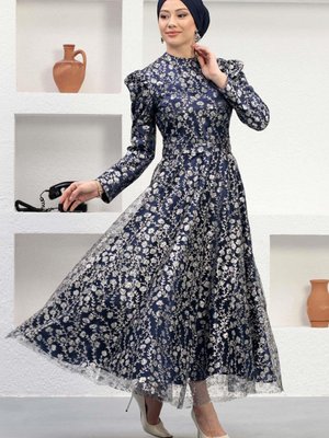 İndigo Taşlı Tül Abiye Elbise