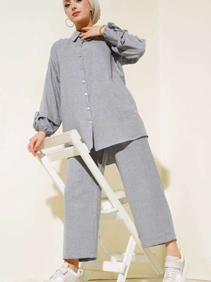 Gri Düğmeli Keten İkili Takım