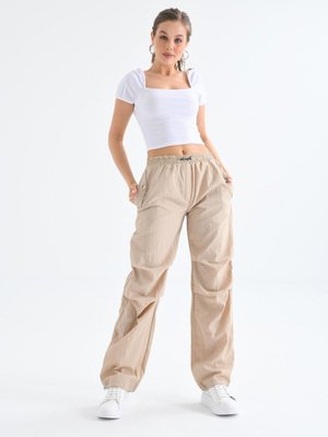 Bej Paraşüt Kumaş Lastikli Bel Pantolon