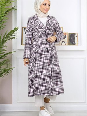 Mürdüm Ekoseli Şanel Kaşe Kaban Mürdüm Ekoseli Şanel Kaşe Kaban