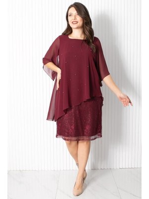 Bordo İncili Şifon Abiye Elbise