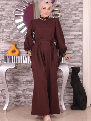 Kahverengi İnci Detaylı Tulum Elbise Kahverengi İnci Detaylı Tulum Elbise