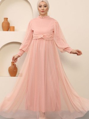 Pudra İnci Detaylı Tül Abiye Elbise