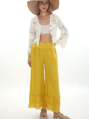 Sarı İtalyan Fisto Detaylı Keten Pantolon