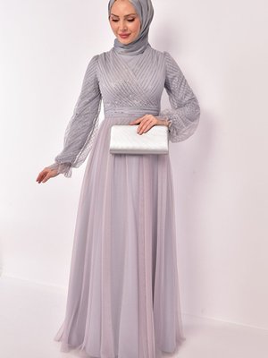 Kuşaklı Tül Elbise Gri Kuşaklı Tül Elbise Gri