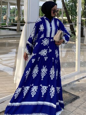 Saks Ekru Etnik Desen Premium Kumaş Desenli Viskon Elbise