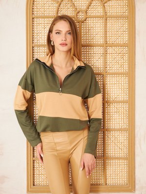 Haki Bej Uzun Kol Fermuarlı Polo Yaka Color Block Basic Salaş Bluz Sweatshirt