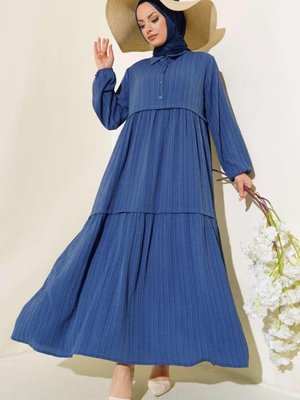 İndigo Viskon Kumaş Yaka Gömlek Elbise