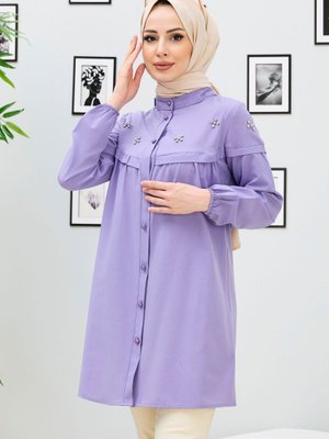 Düz Hakim Yaka Lila Tunik