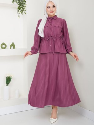 Mürdüm Bel Büzgülü Gömlek Yaka Çizgili Etekli Takım