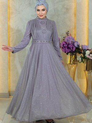 Lila Taş Detaylı Göğsü Drapeli Simli Abiye Elbise