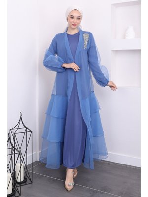 İndigo Taşlı Eteği Katlı Abaya