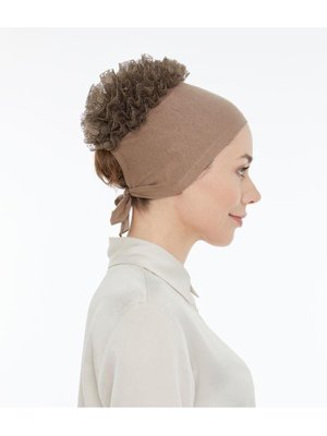 Dikişsiz Kaymaz Güpür Fırfırlı Bone Açık Kahve