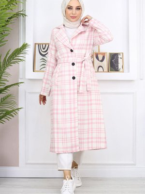 Pembe Ekoseli Şanel Kaşe Kaban