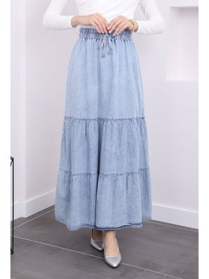 Mavi Bel Lastikli Katlı Kot Etek