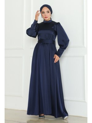 Lacivert Kuşaklı Saten Abiye Elbise Lacivert Kuşaklı Saten Abiye Elbise