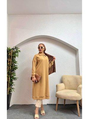 Rahat Kesim Polo Yaka Fermuarlı Taba Uzun Tunik Elbise