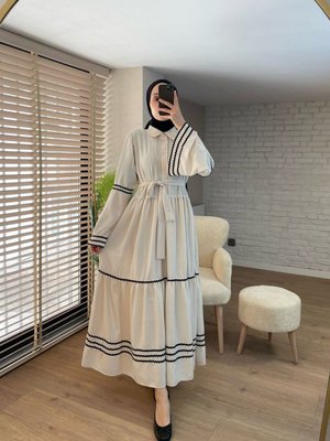 Krem Yaka Nakışlı Keten Gömlek Elbise Krem Yaka Nakışlı Keten Gömlek Elbise