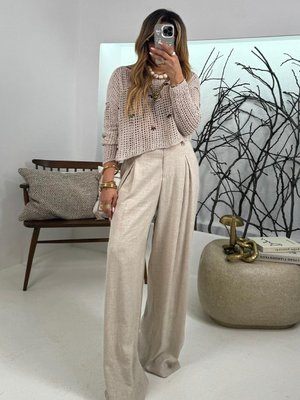 Taş Keten Görünümlü Tek Pile Palazzo Pantolon