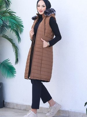 Senay Çift Cepli Kapüşonlu Şişme Yelek Taba