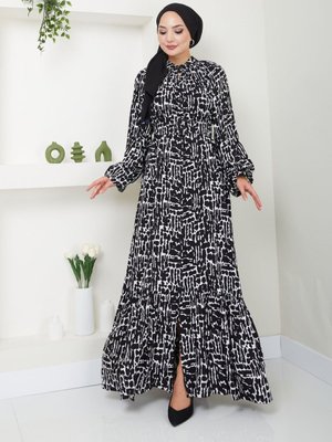 Siyah Hakim Yaka Bel Kemerli Desenli Elbise Siyah Hakim Yaka Bel Kemerli Desenli Elbise