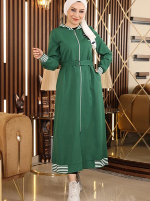 Zümrüt Fermuarlı Kapüşonlu Ferace