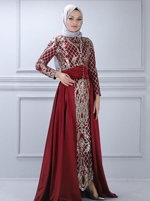 Bordo Pulpayetli Pelerinli Abiye Elbise Bordo Pulpayetli Pelerinli Abiye Elbise