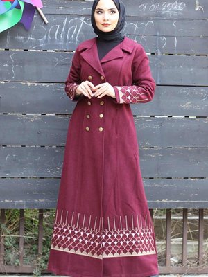 Bordo Nakış Detaylı Kaşe Kaban