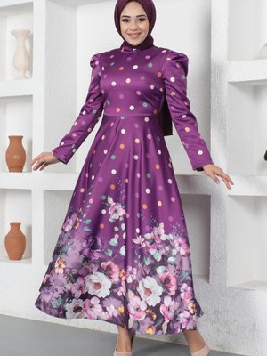 Mürdüm Çiçekli Puantiyeli Saten Abiye Elbise