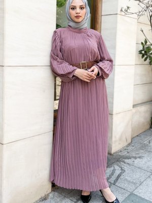 Gül Kurusu Piliseli Kemerli Abiye Elbise Gül Kurusu Piliseli Kemerli Abiye Elbise